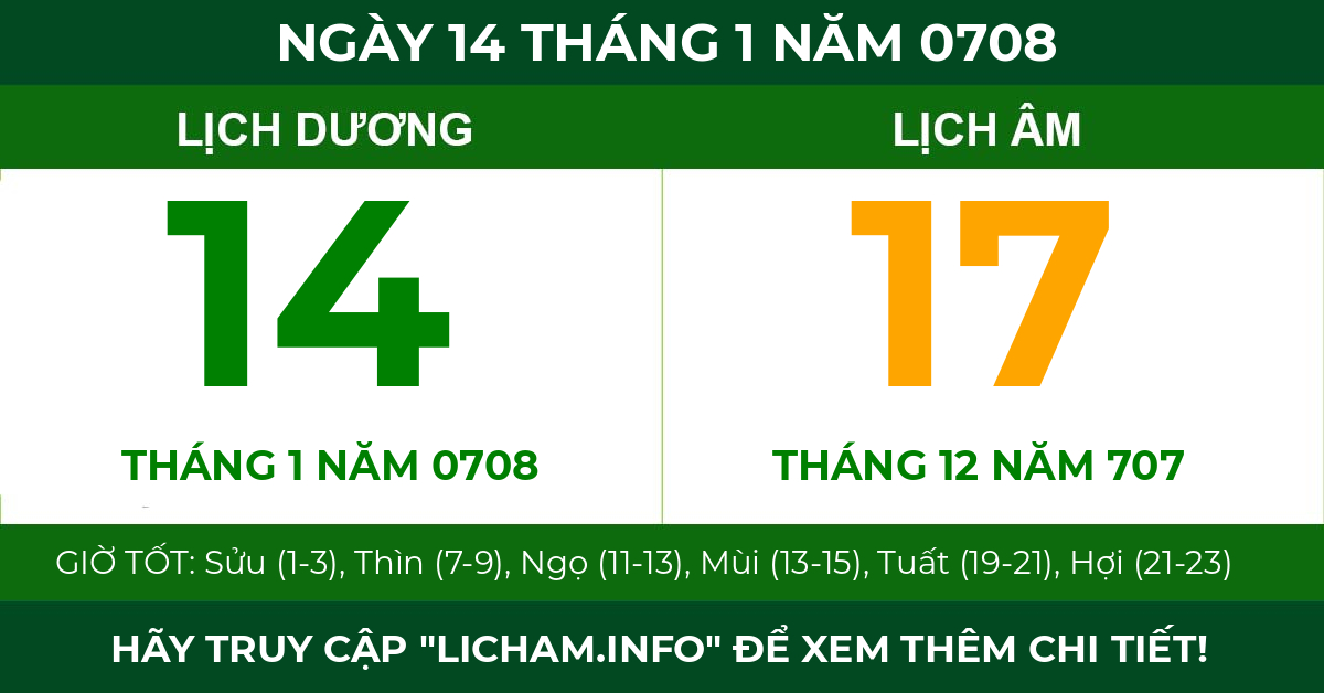 lịch âm ngày 14 tháng 1 năm 0708