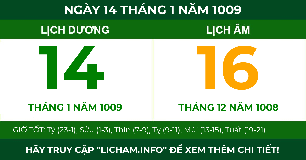 lịch âm ngày 14 tháng 1 năm 1009