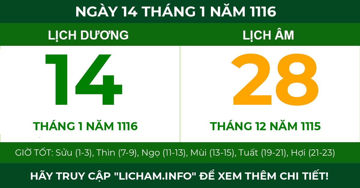lịch âm ngày 14 tháng 1 năm 1116