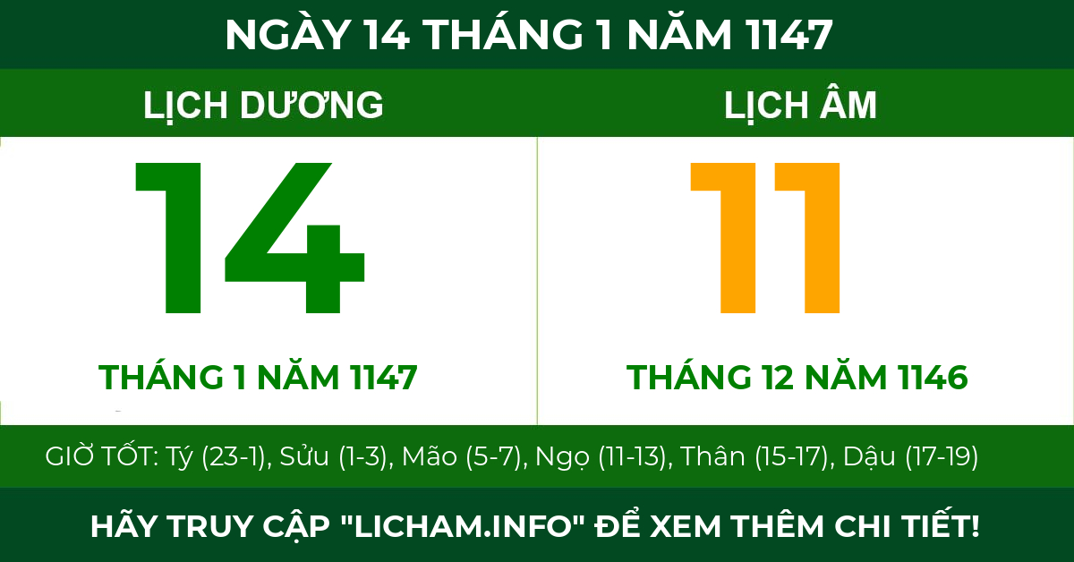 lịch âm ngày 14 tháng 1 năm 1147