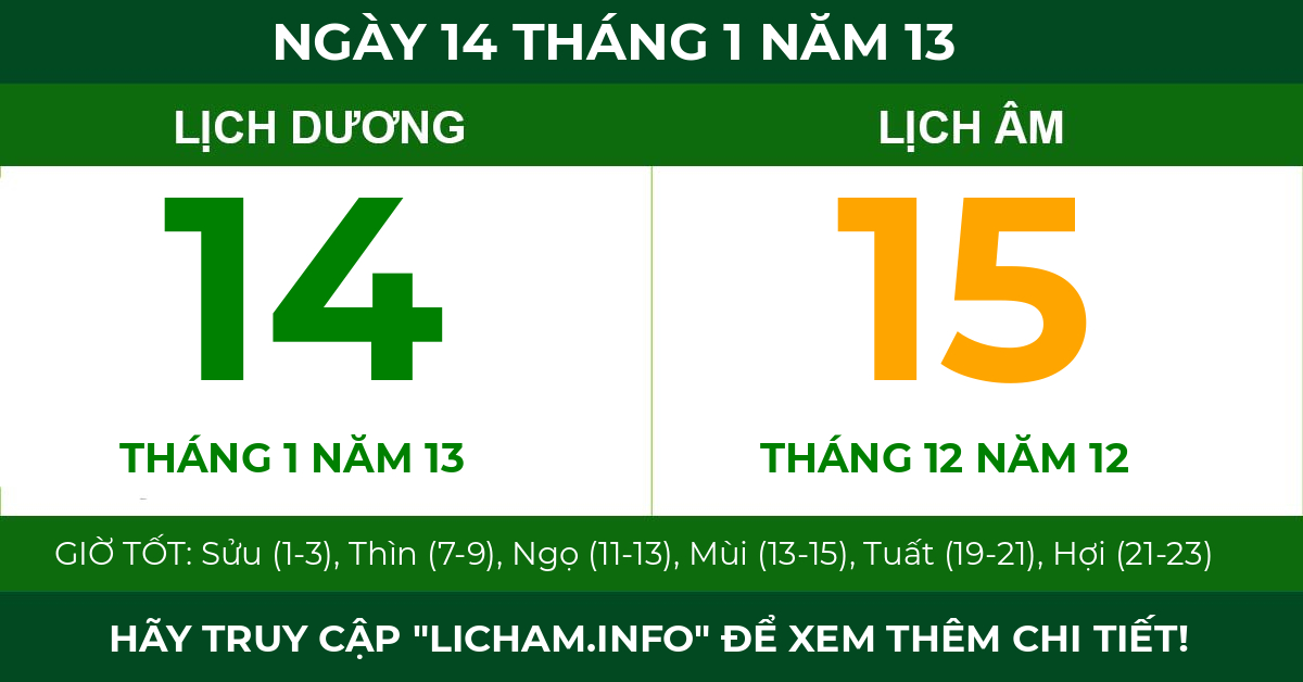 lịch âm ngày 14 tháng 1 năm 13