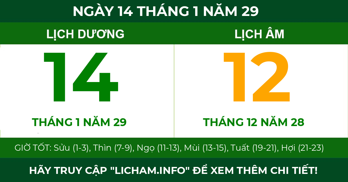 lịch âm ngày 14 tháng 1 năm 29