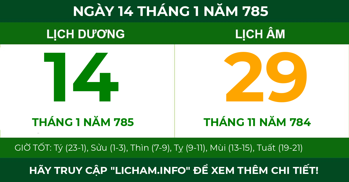 lịch âm ngày 14 tháng 1 năm 785