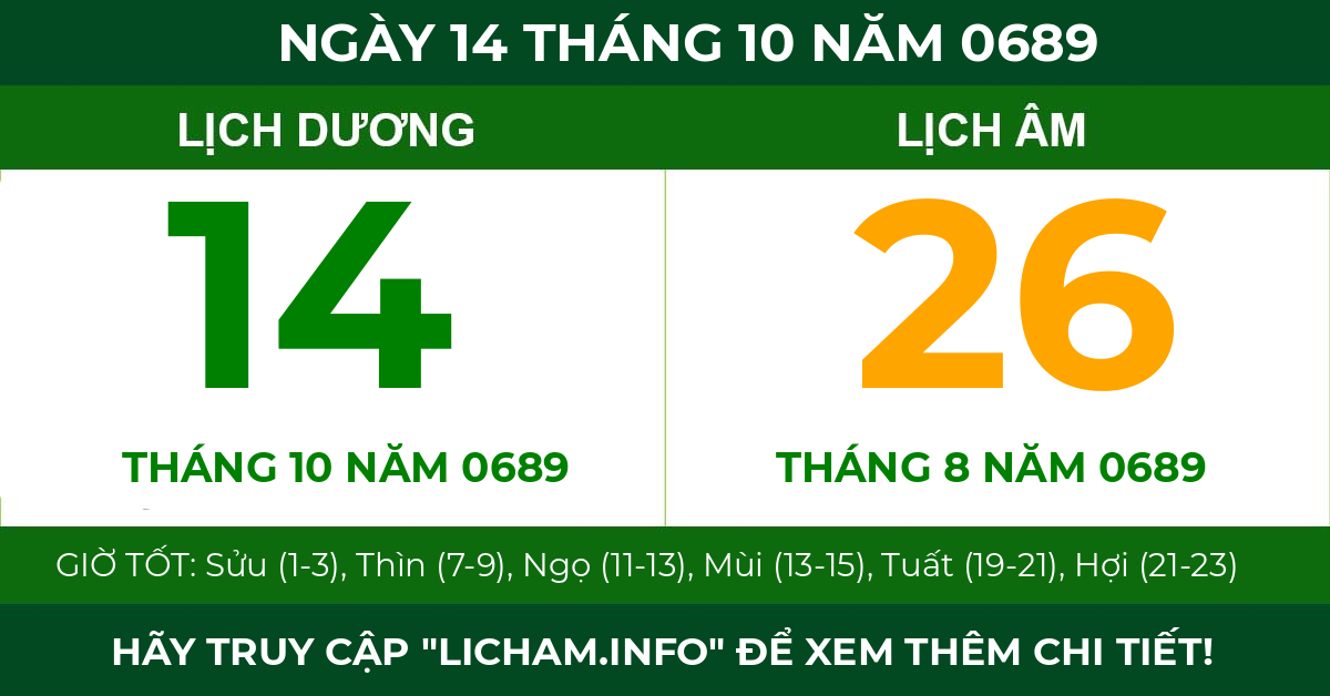 lịch âm ngày 14 tháng 10 năm 0689