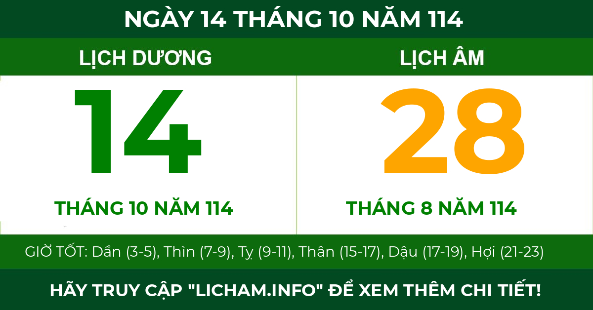 lịch âm ngày 14 tháng 10 năm 114