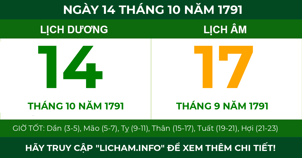lịch âm ngày 14 tháng 10 năm 1791