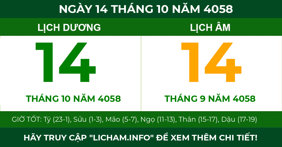 lịch âm ngày 14 tháng 10 năm 4058