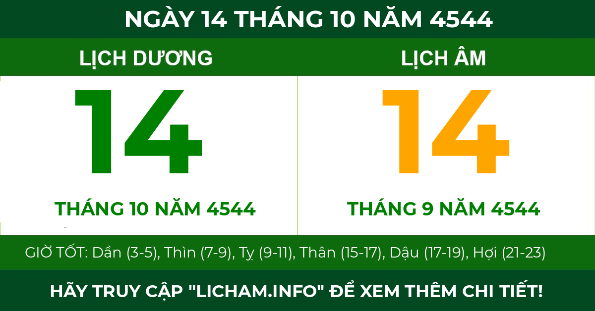 lịch âm ngày 14 tháng 10 năm 4544