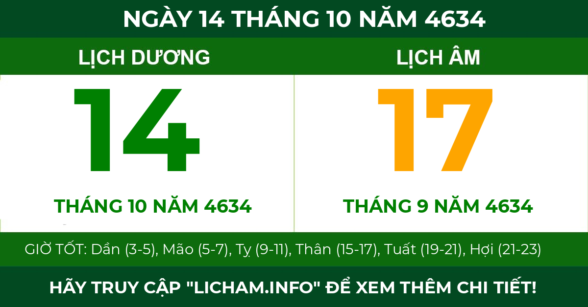 lịch âm ngày 14 tháng 10 năm 4634