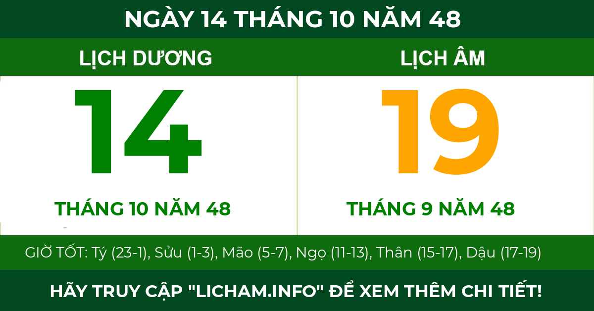 lịch âm ngày 14 tháng 10 năm 48