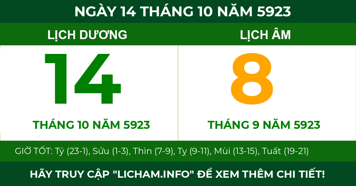 lịch âm ngày 14 tháng 10 năm 5923