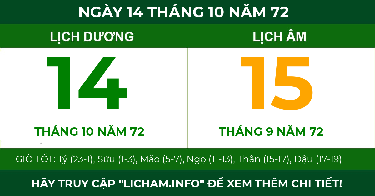 lịch âm ngày 14 tháng 10 năm 72