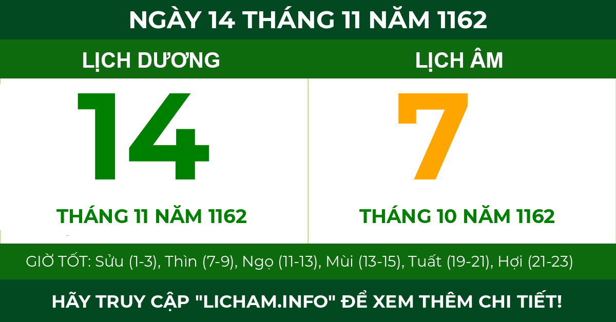 lịch âm ngày 14 tháng 11 năm 1162
