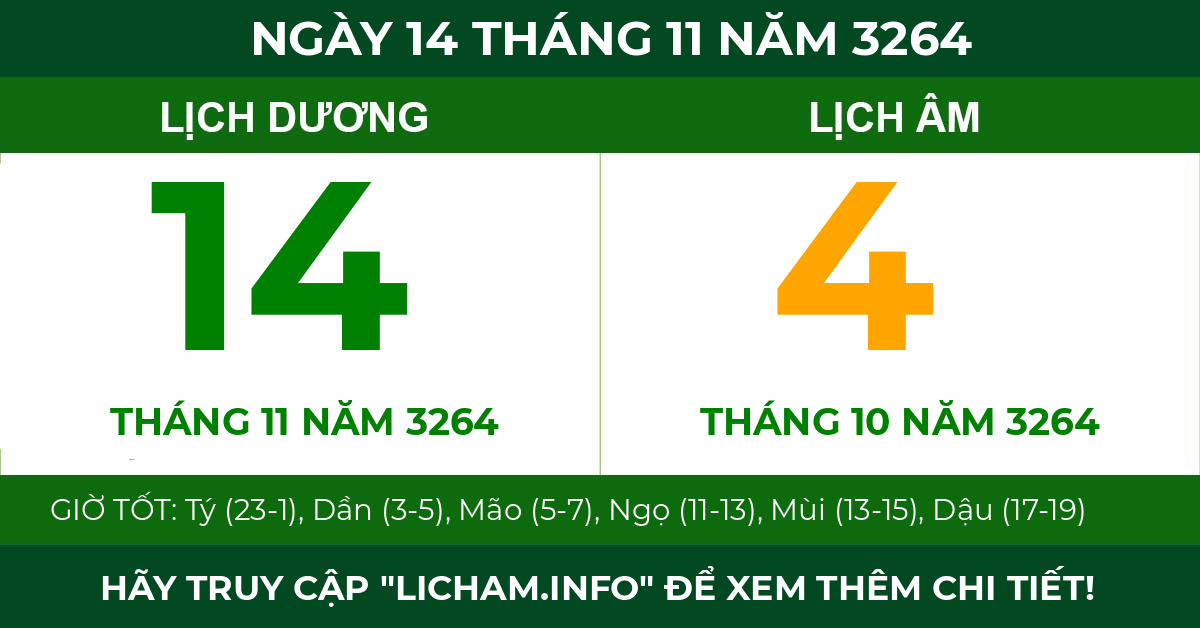 lịch âm ngày 14 tháng 11 năm 3264