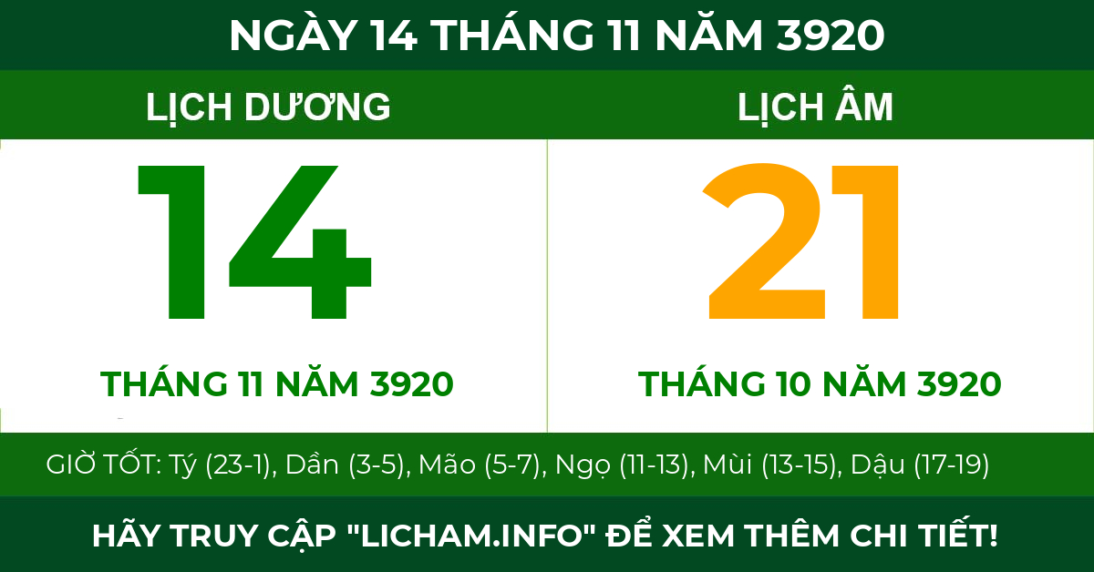 lịch âm ngày 14 tháng 11 năm 3920
