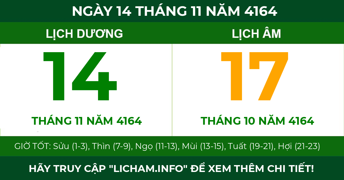 lịch âm ngày 14 tháng 11 năm 4164