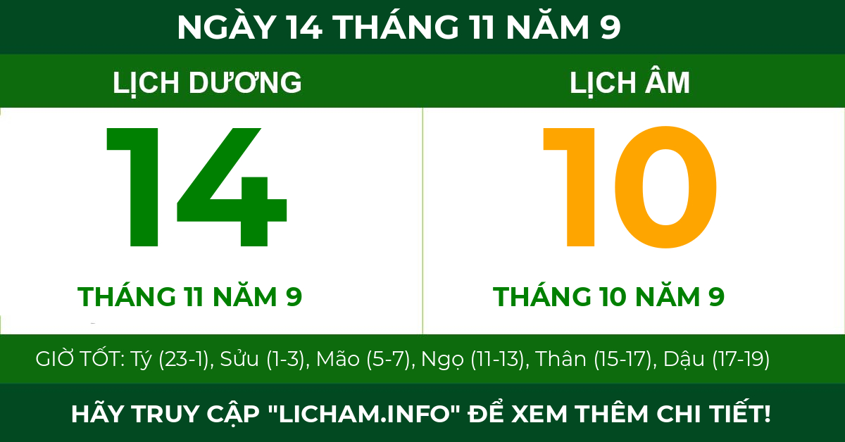 lịch âm ngày 14 tháng 11 năm 9