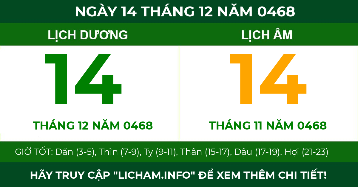 lịch âm ngày 14 tháng 12 năm 0468