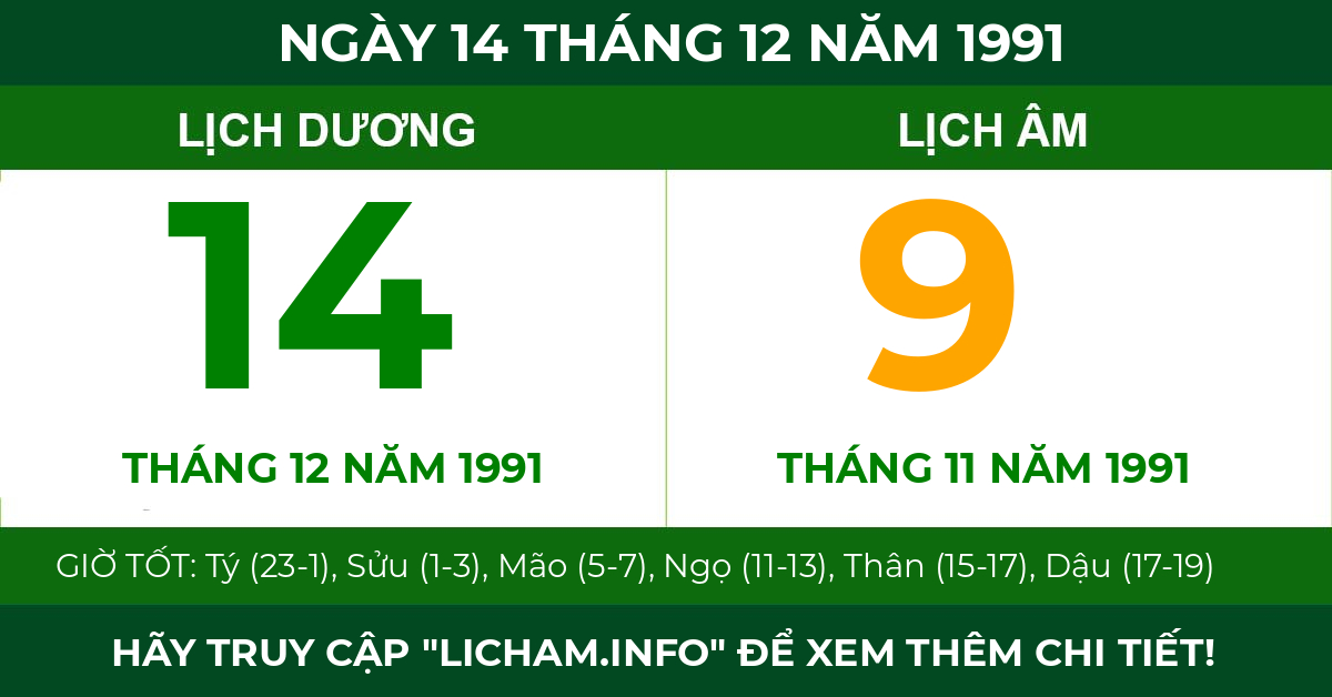 lịch âm ngày 14 tháng 12 năm 1991