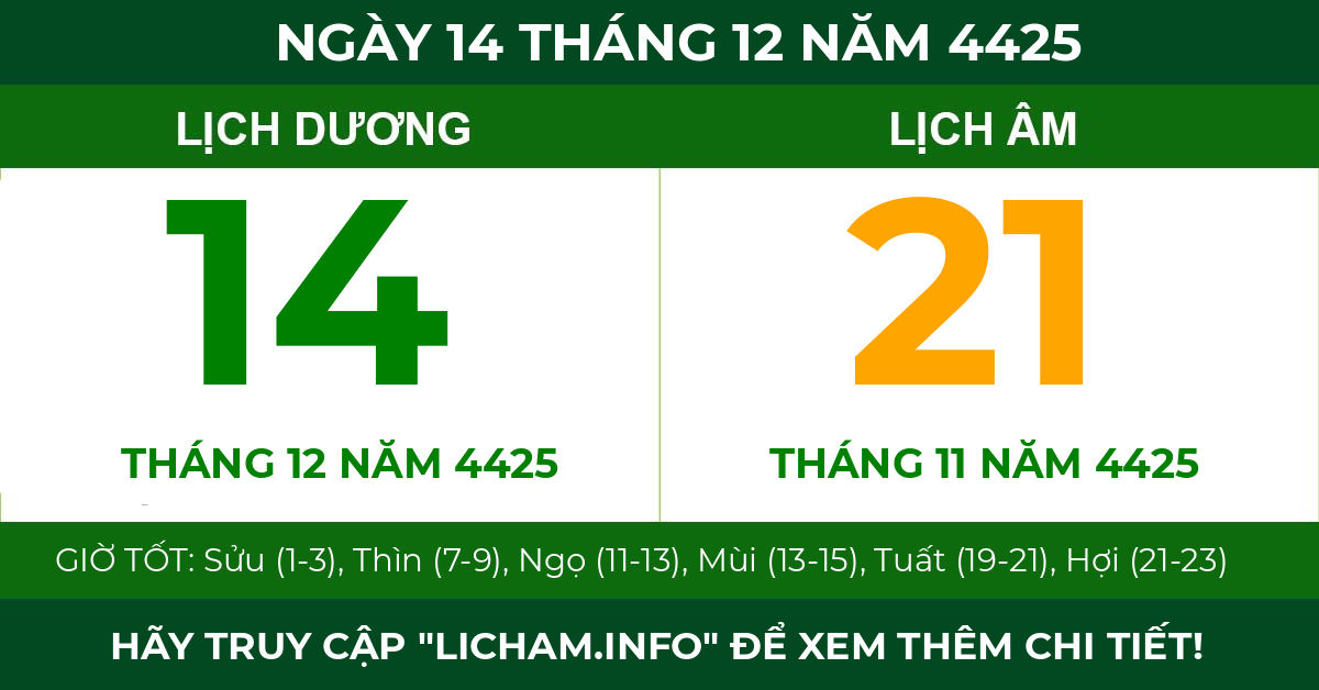 lịch âm ngày 14 tháng 12 năm 4425