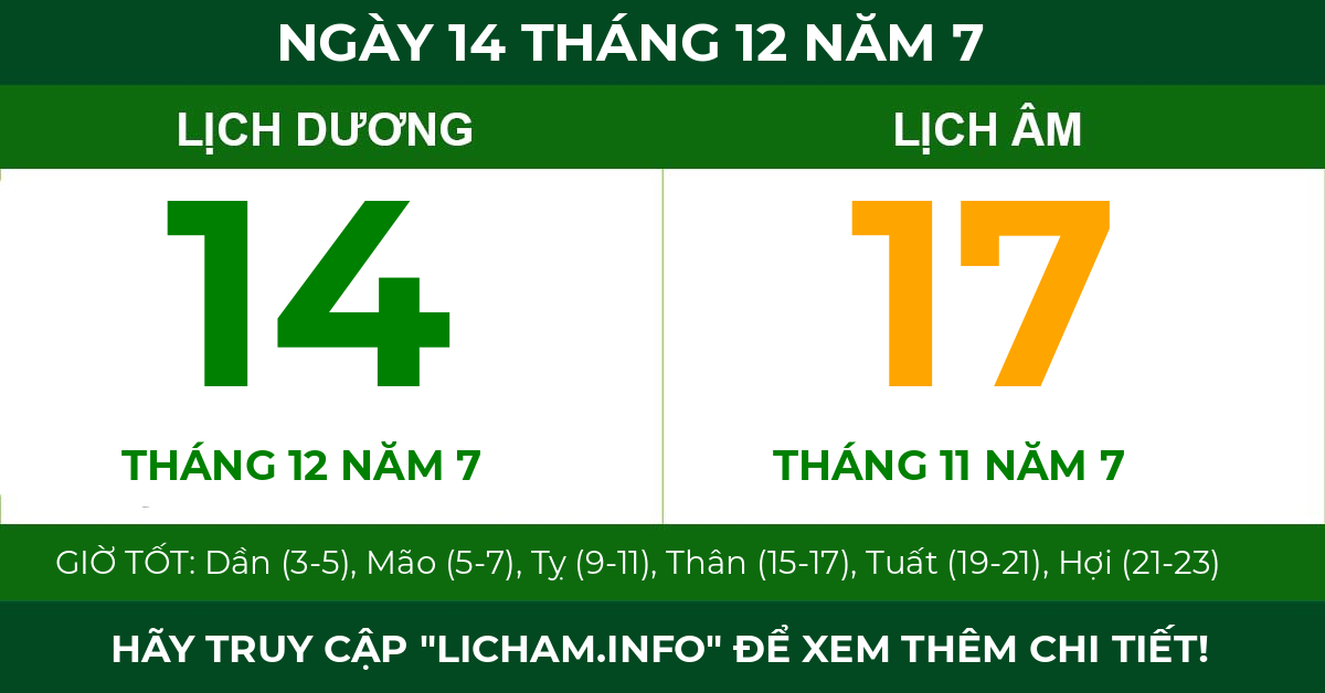 lịch âm ngày 14 tháng 12 năm 7