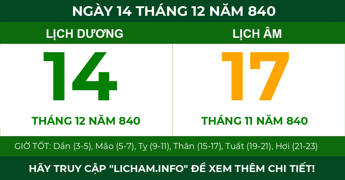 lịch âm ngày 14 tháng 12 năm 840