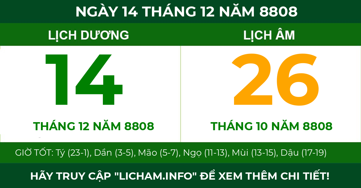 lịch âm ngày 14 tháng 12 năm 8808