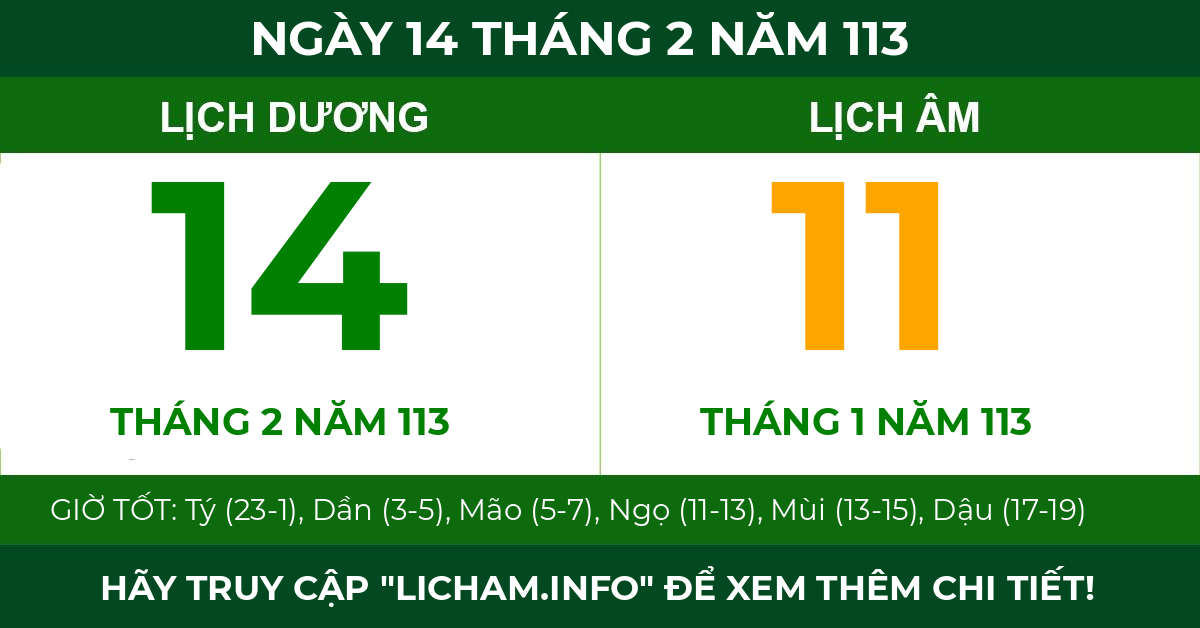 lịch âm ngày 14 tháng 2 năm 113