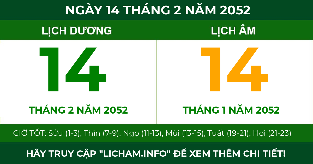 lịch âm ngày 14 tháng 2 năm 2052