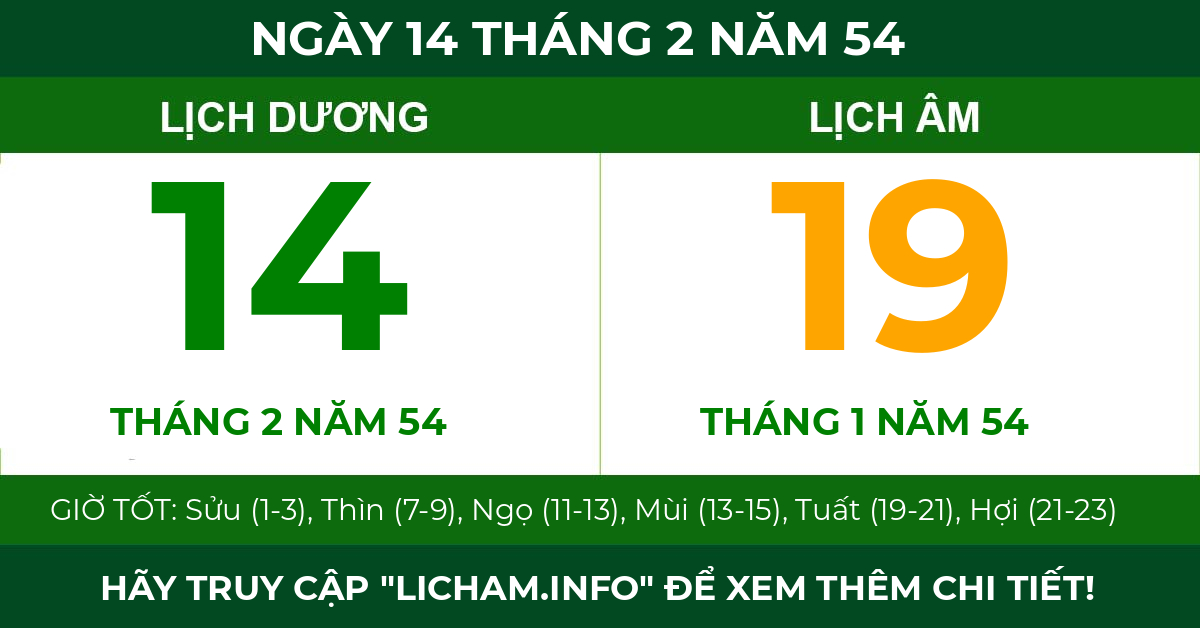 lịch âm ngày 14 tháng 2 năm 54