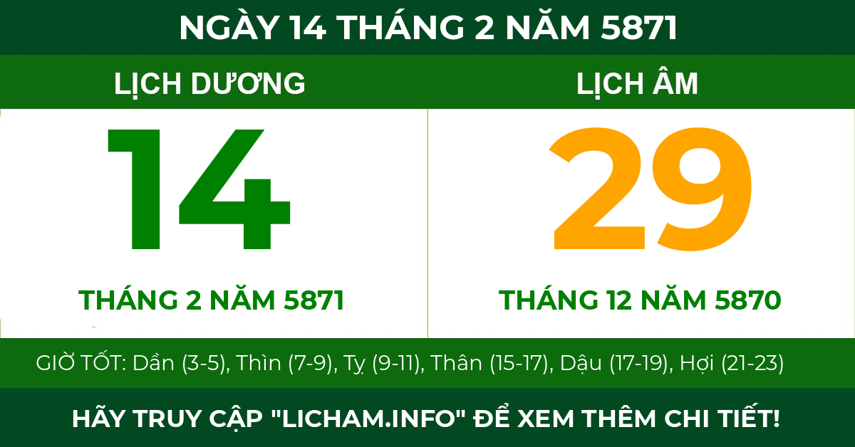 lịch âm ngày 14 tháng 2 năm 5871