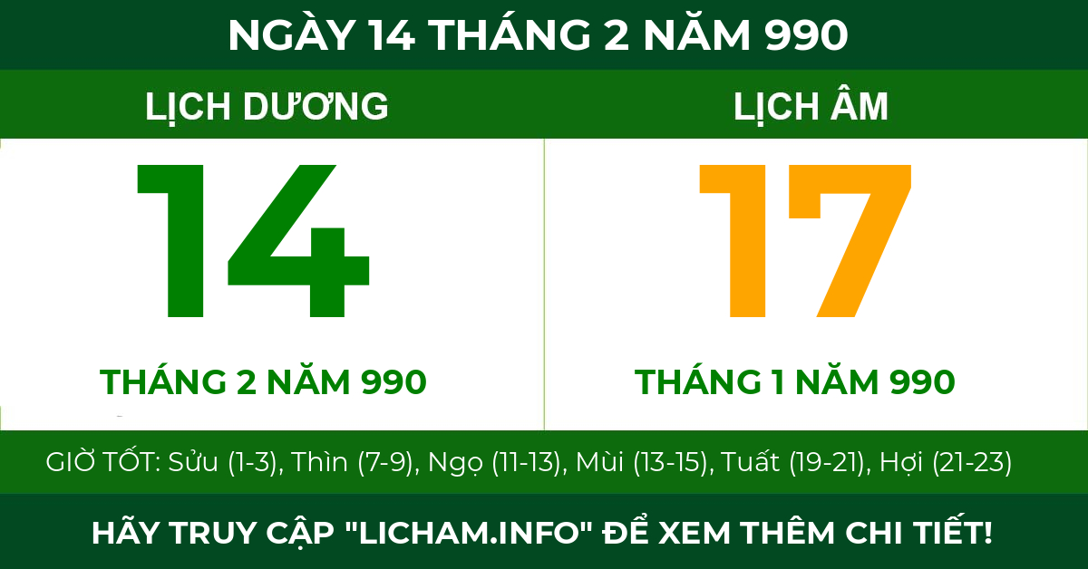 lịch âm ngày 14 tháng 2 năm 990
