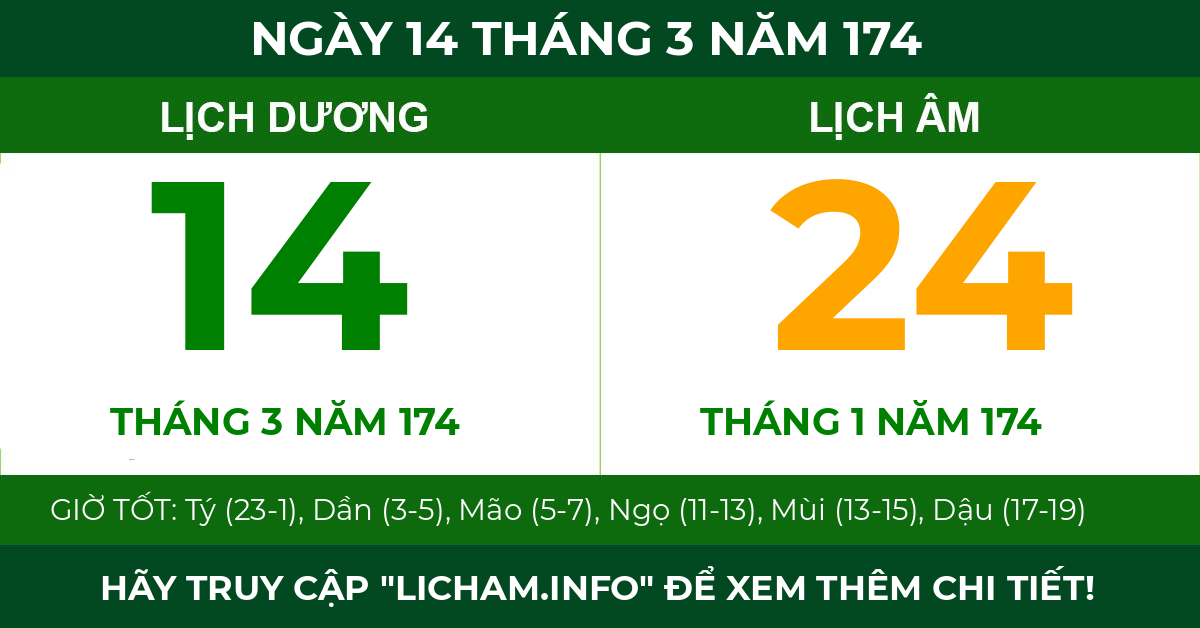 lịch âm ngày 14 tháng 3 năm 174