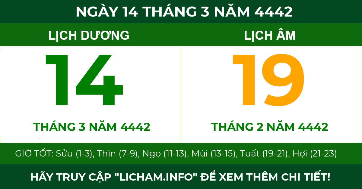 lịch âm ngày 14 tháng 3 năm 4442