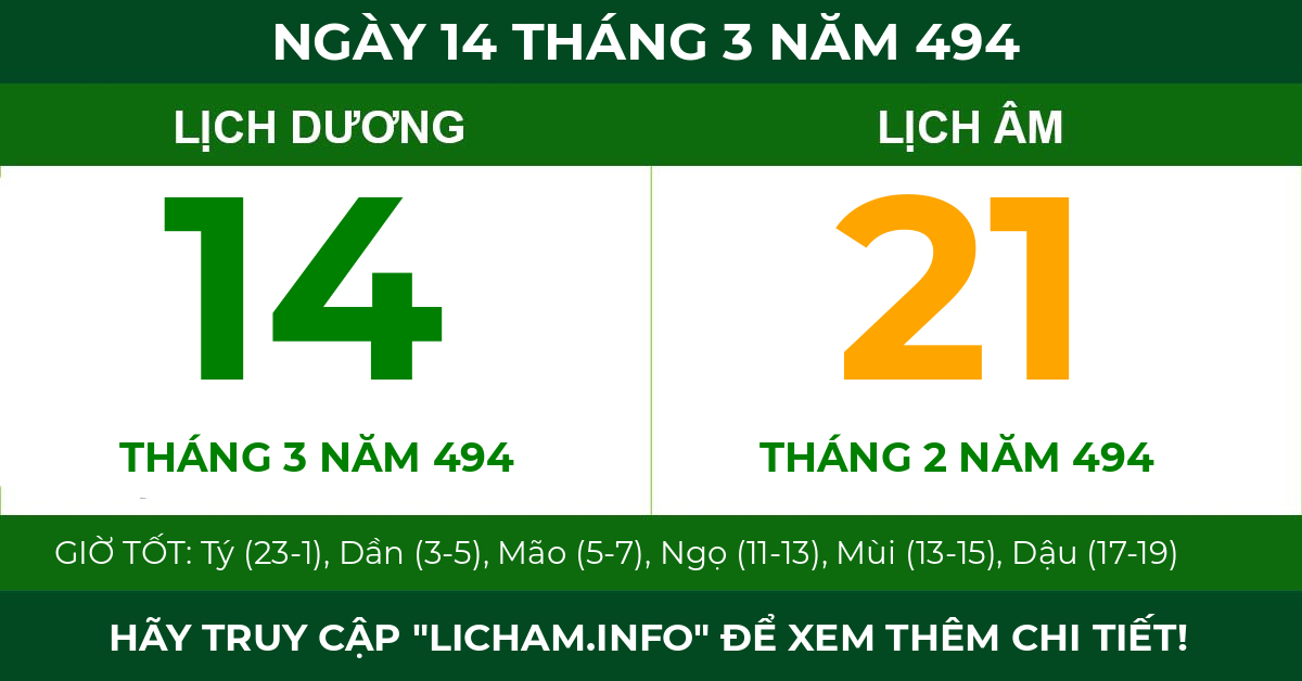 lịch âm ngày 14 tháng 3 năm 494