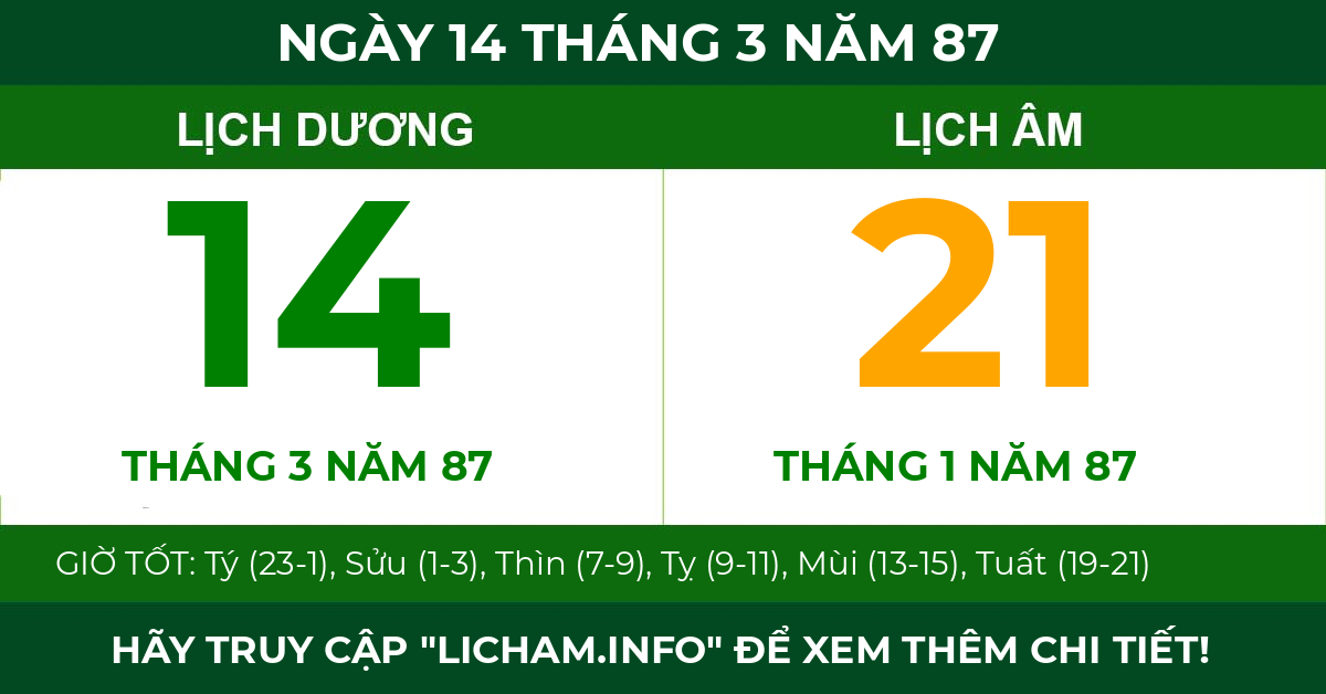 lịch âm ngày 14 tháng 3 năm 87
