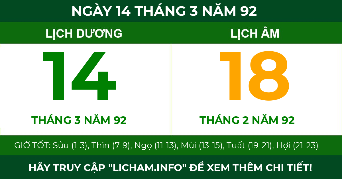 lịch âm ngày 14 tháng 3 năm 92