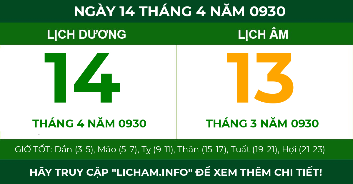 lịch âm ngày 14 tháng 4 năm 0930