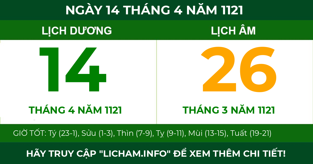 lịch âm ngày 14 tháng 4 năm 1121
