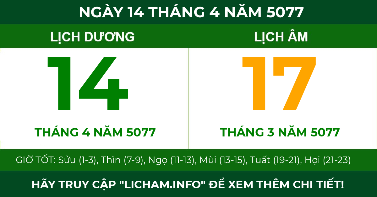 lịch âm ngày 14 tháng 4 năm 5077
