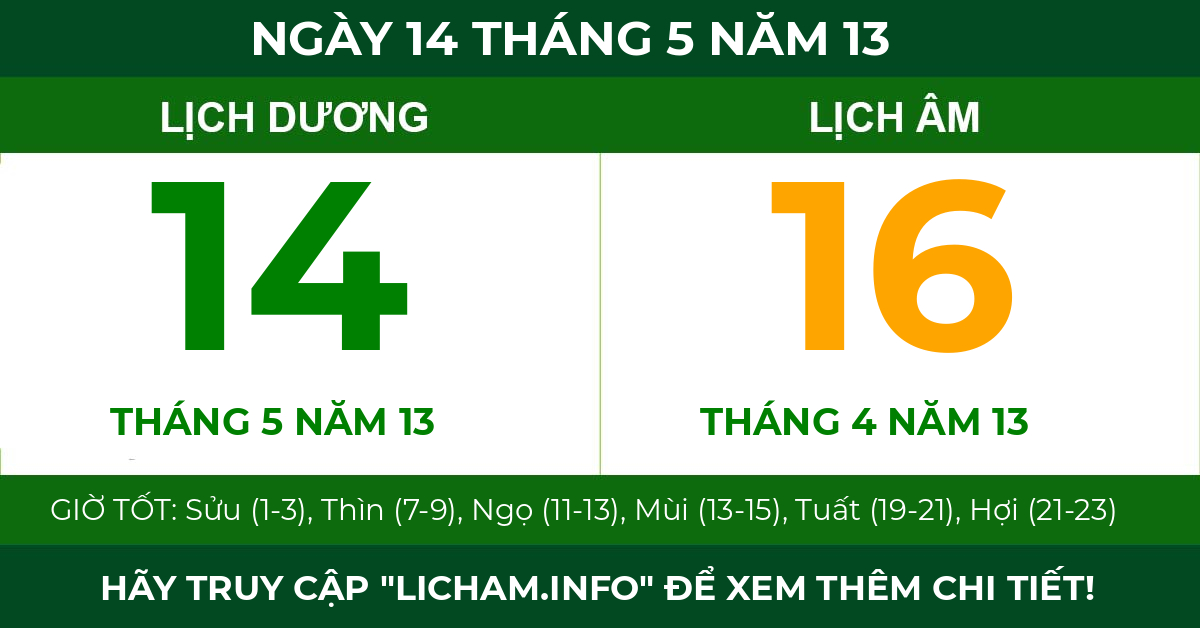 lịch âm ngày 14 tháng 5 năm 13