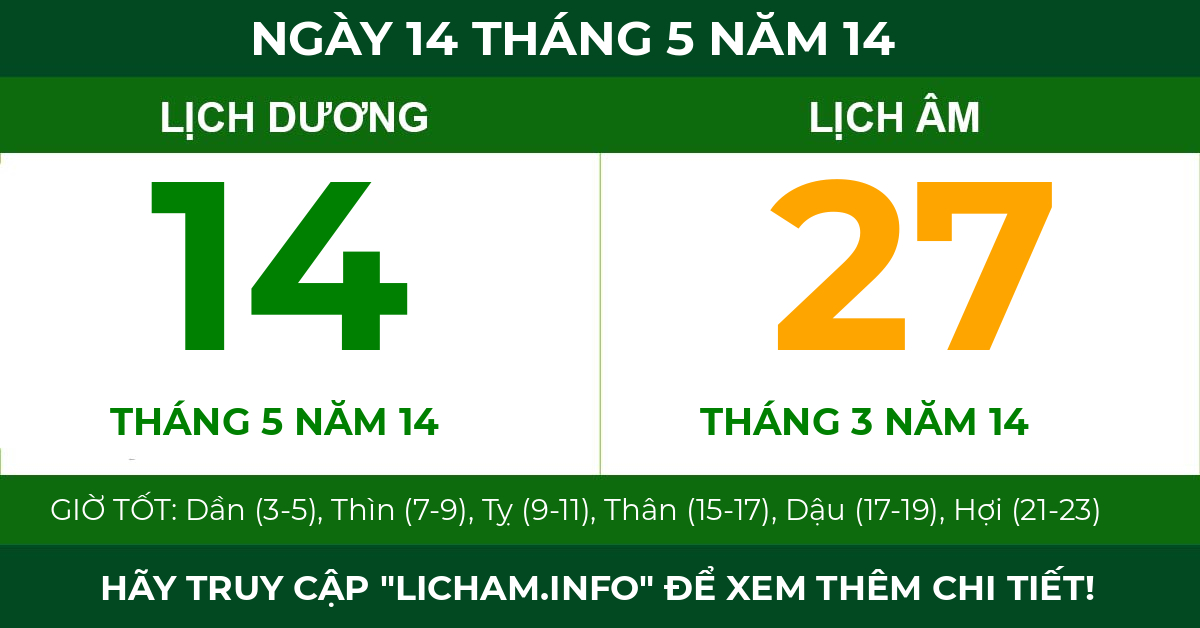 lịch âm ngày 14 tháng 5 năm 14