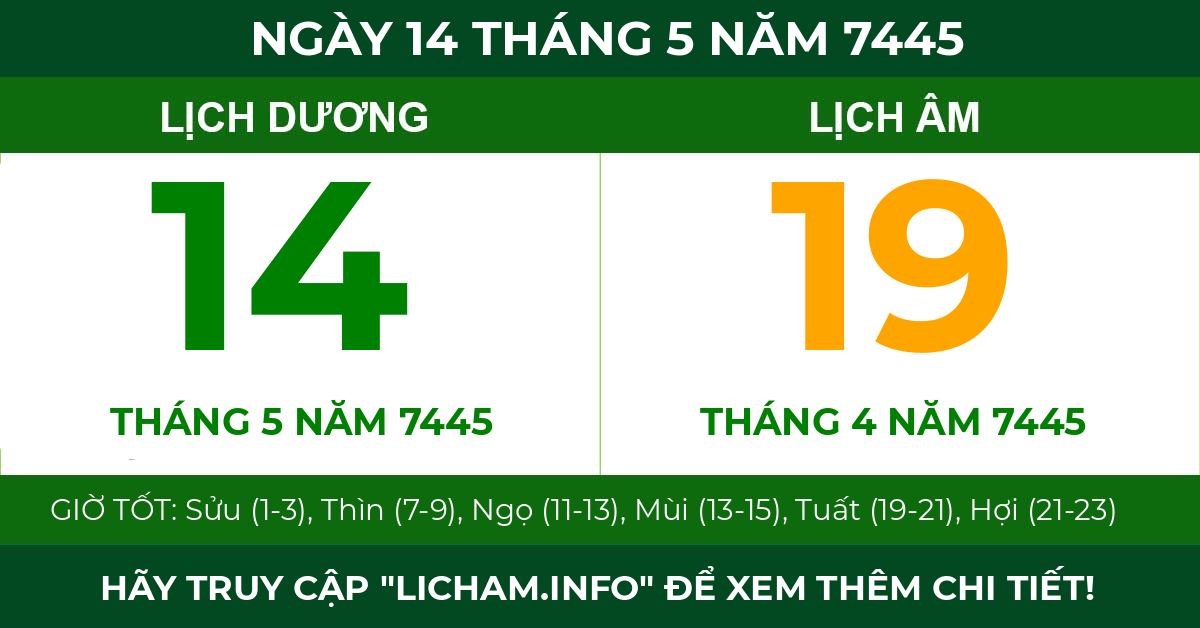 lịch âm ngày 14 tháng 5 năm 7445