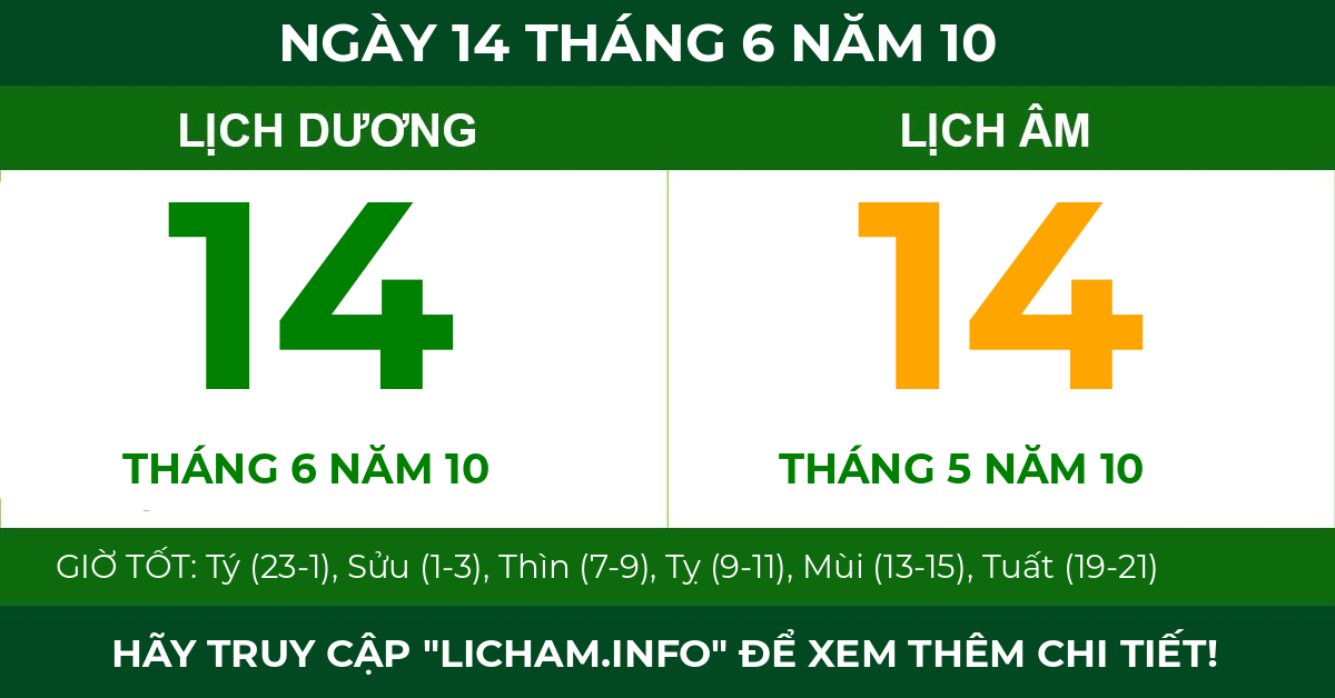 lịch âm ngày 14 tháng 6 năm 10