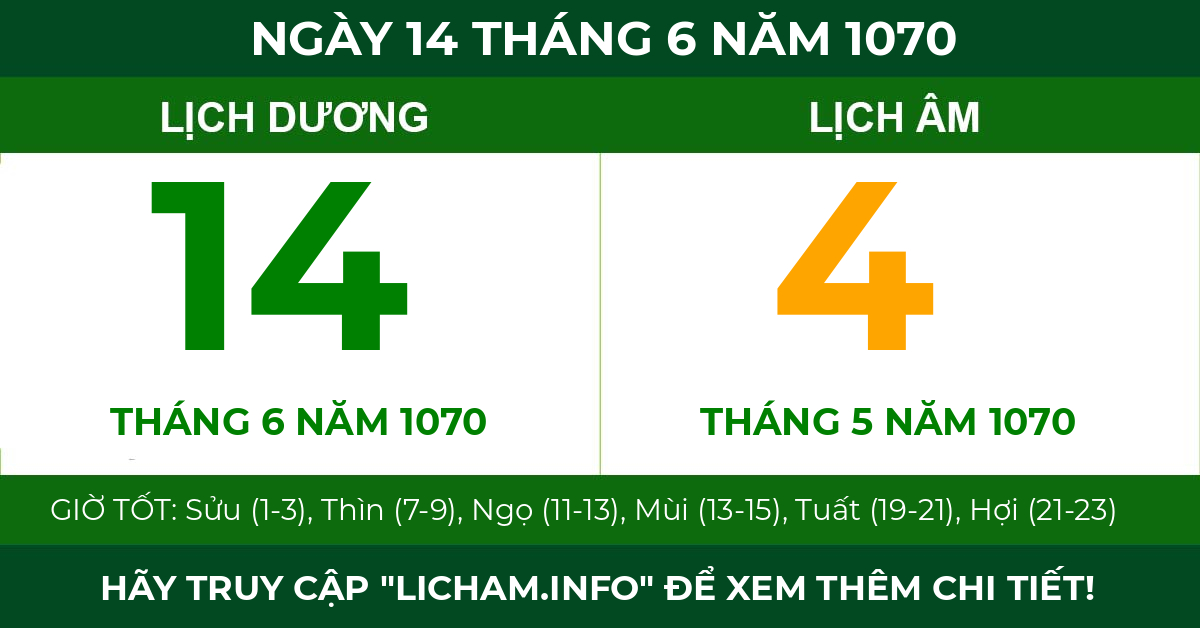 lịch âm ngày 14 tháng 6 năm 1070