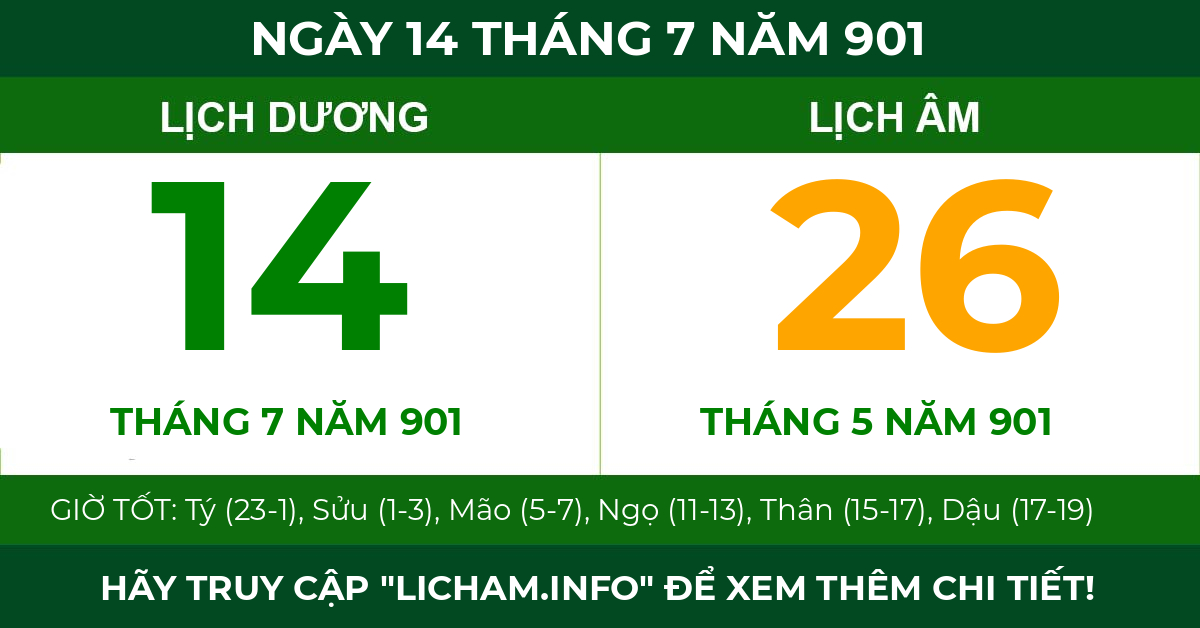 lịch âm ngày 14 tháng 7 năm 901