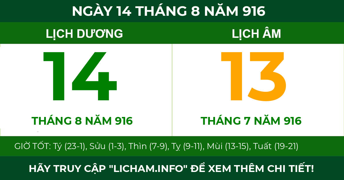 lịch âm ngày 14 tháng 8 năm 916