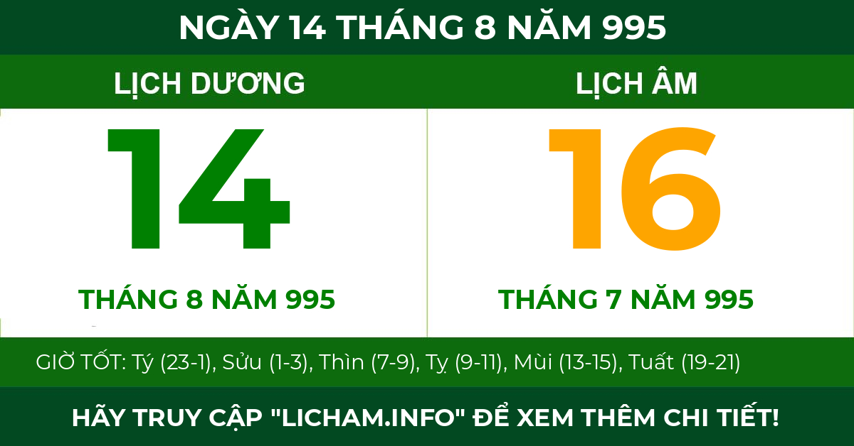 lịch âm ngày 14 tháng 8 năm 995