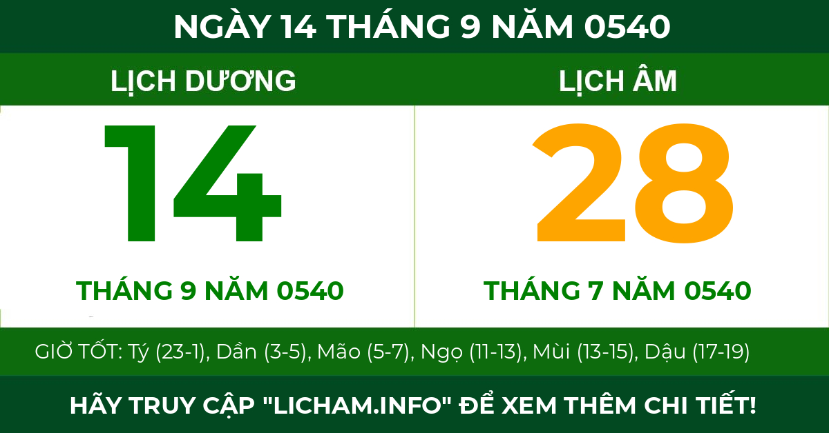 lịch âm ngày 14 tháng 9 năm 0540
