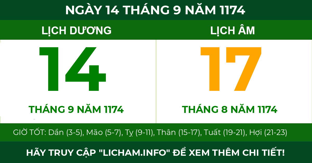 lịch âm ngày 14 tháng 9 năm 1174